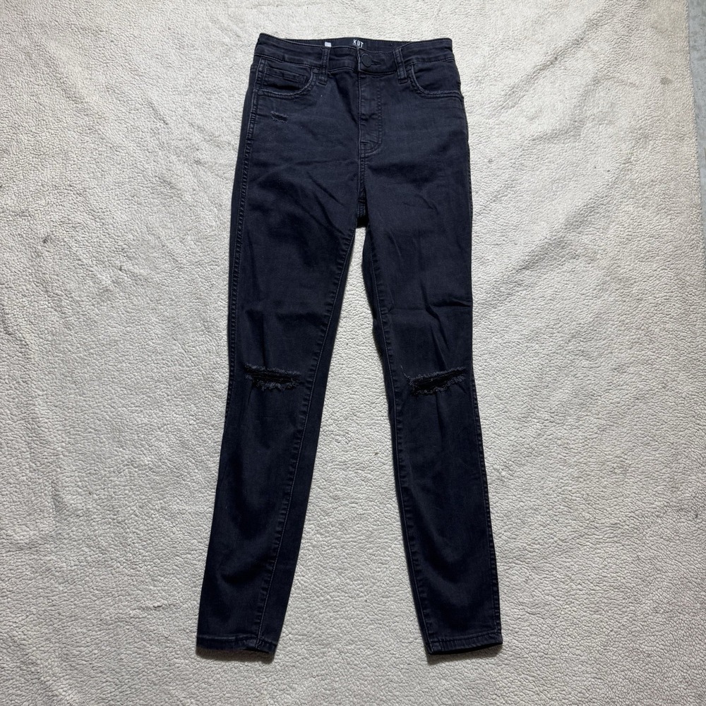 Kut From The Kloth Jeans Womens 00 Black Denim Distressed Skinny Mid Rise 24x26.